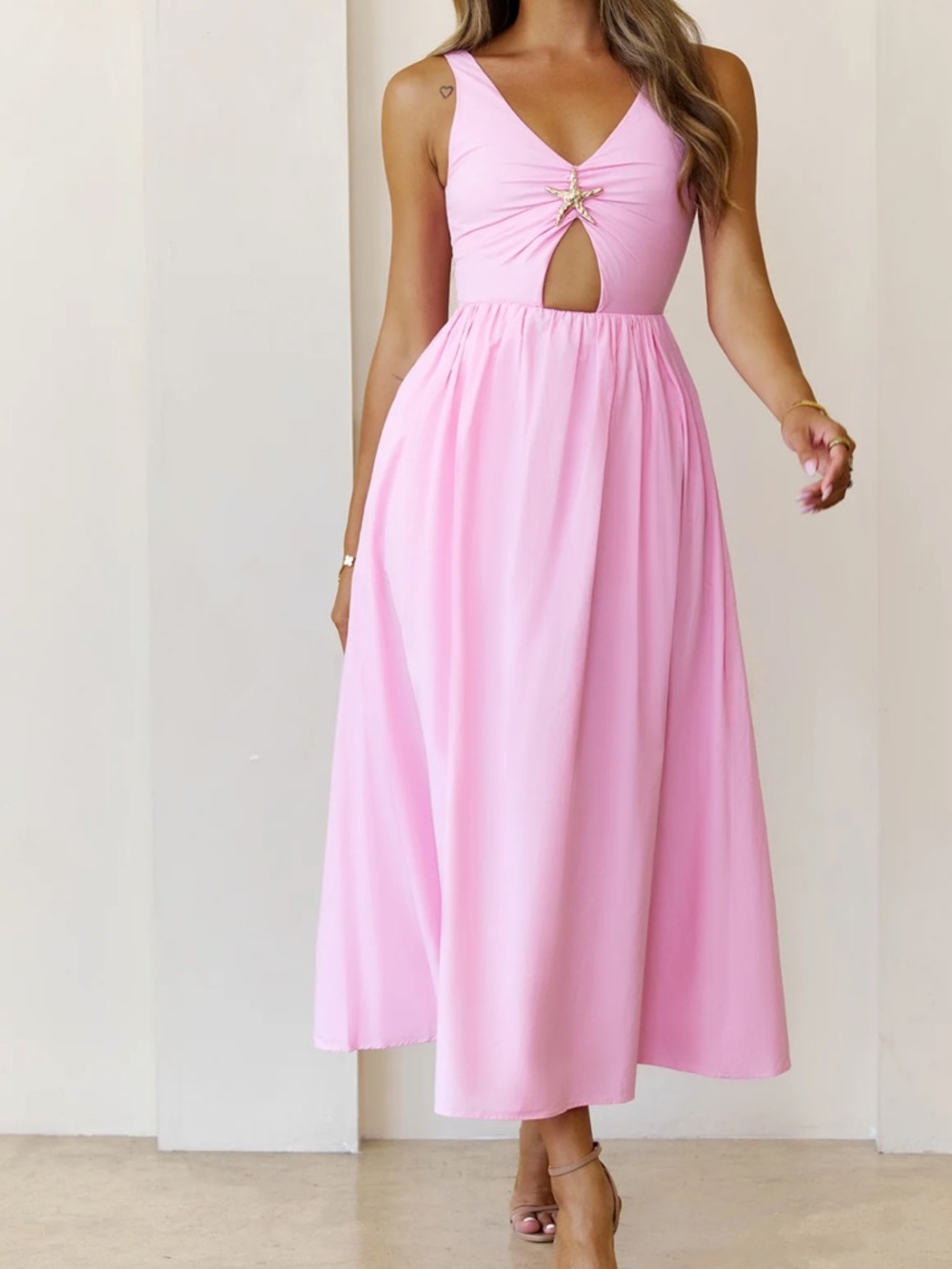 Hello Molly Light Pink V-Neck Midi Dress with Front Cutout